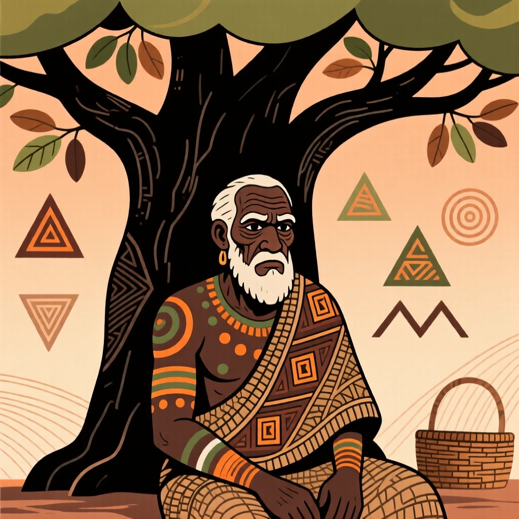 A stern grandfather resting beneath the shade of a wide tree.