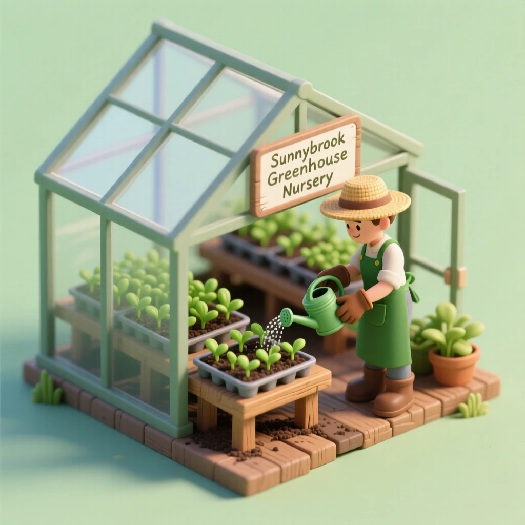 A charming small-town greenhouse nursery with rows of seedlings, a gardener watering tender sprouts under glass panels.