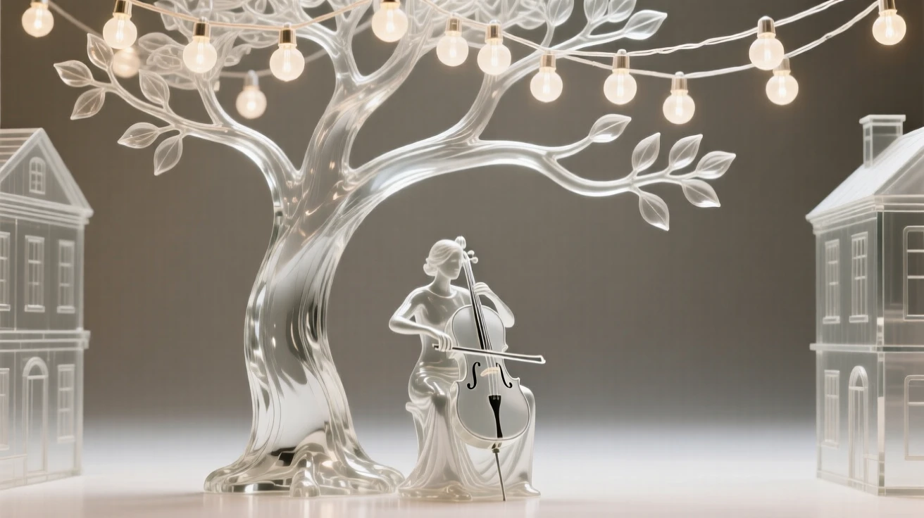 A cellist playing alone beneath a grand old tree, beneath a canopy of string lights strung between old buildings