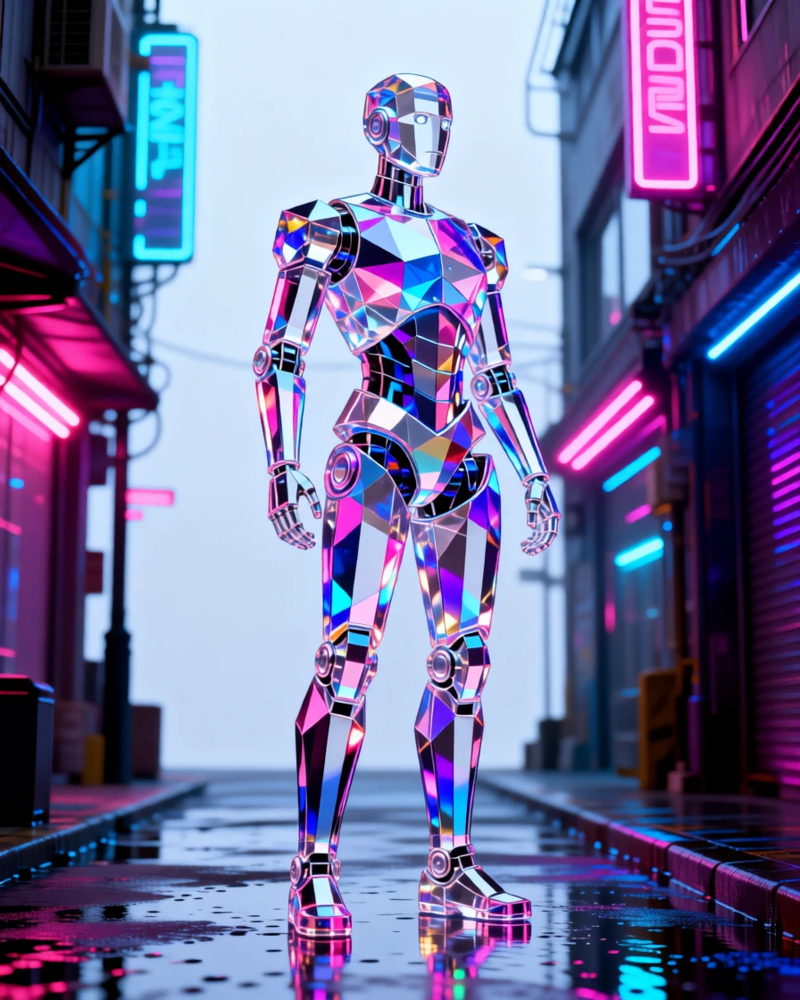 A sleek humanoid robot standing in a neon-lit cyberpunk alley, rain reflecting off its chrome surface.