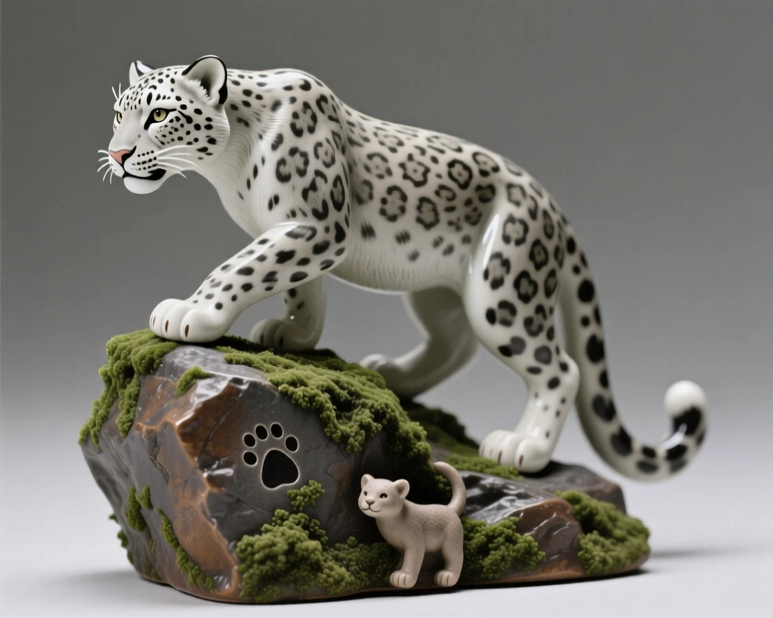 A snow leopard perched alertly atop a mossy boulder, with one paw raised mid-step, suggesting a deep bond between mother and young.