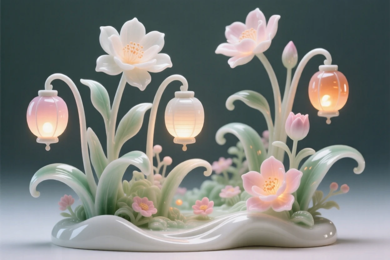 A magical garden where flowers glow like lanterns, softly glowing from within.