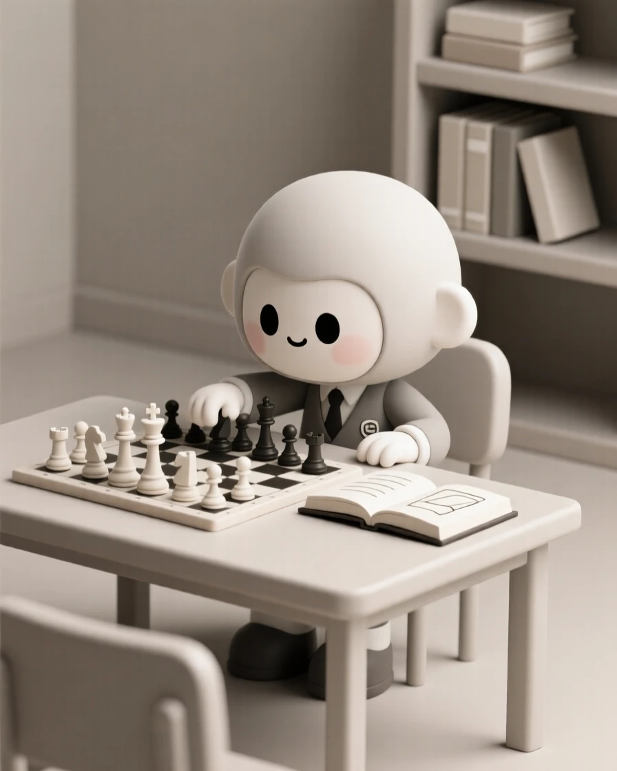A determined chess club member studies an endgame puzzle intently at a quiet library table.