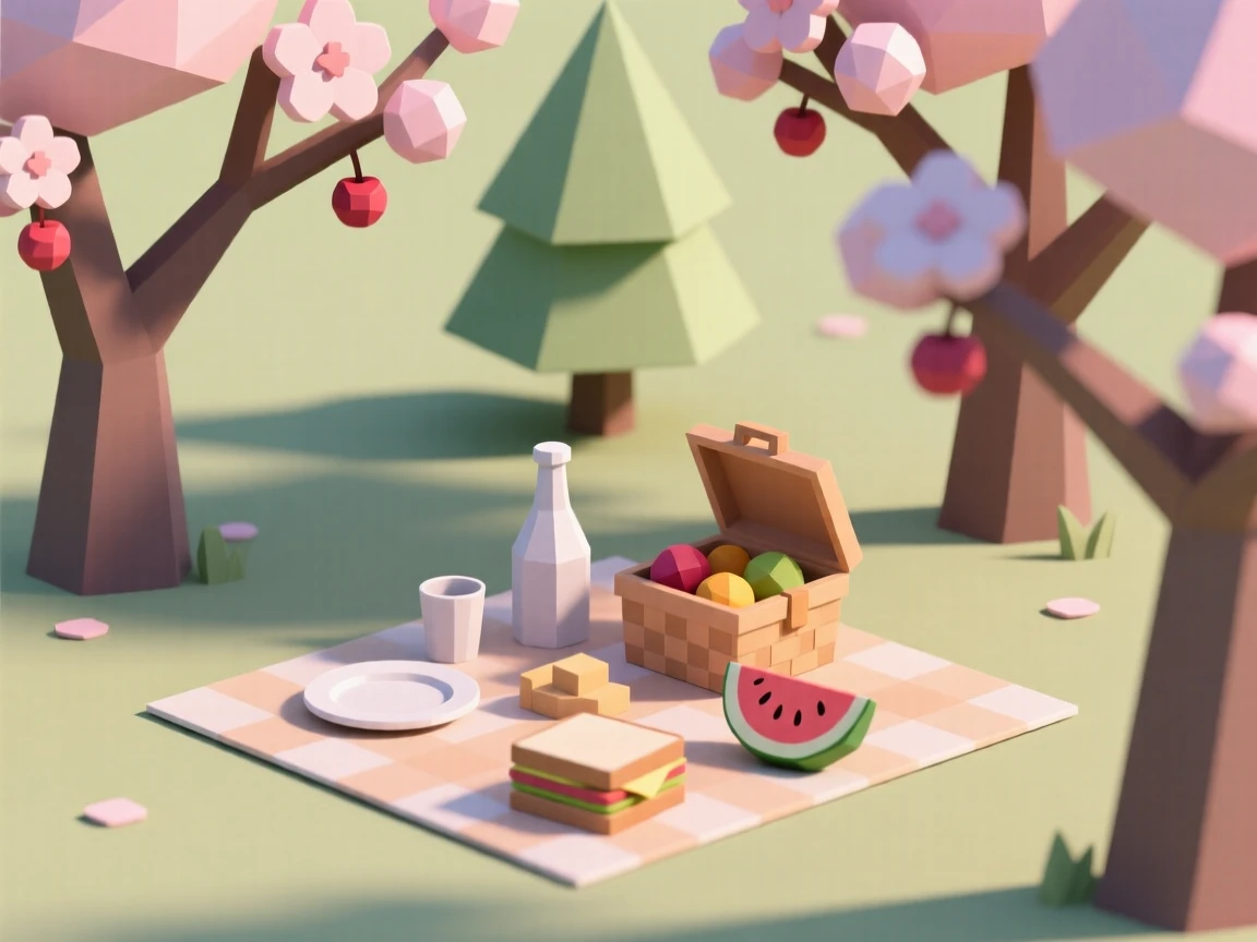 A summer picnic spread beneath blossoming trees, beneath blooming cherry blossoms. small charming details enrich the festive setting. The scene feels warm and celebratory.