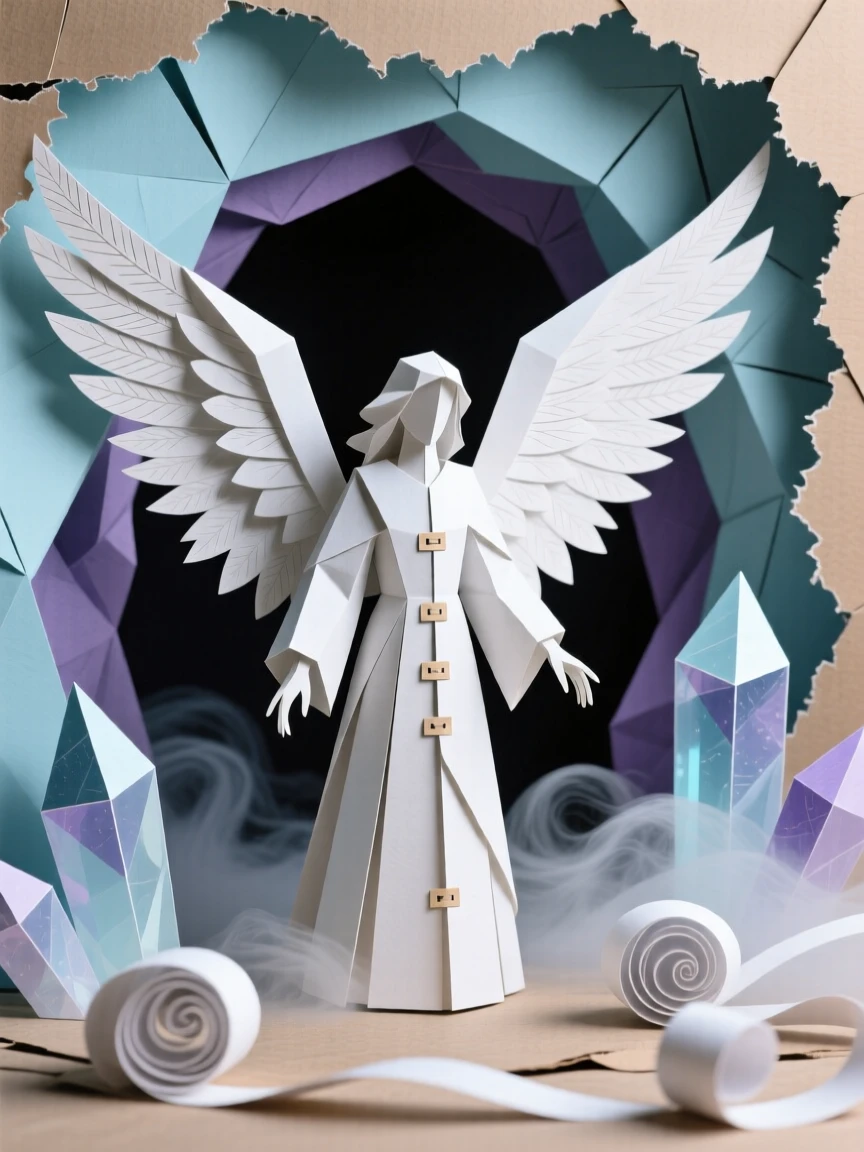 A winged messenger angel guarding a hidden crystal cave, with swirling mist wrapping around the scene, evoking ancient power and mystery.
