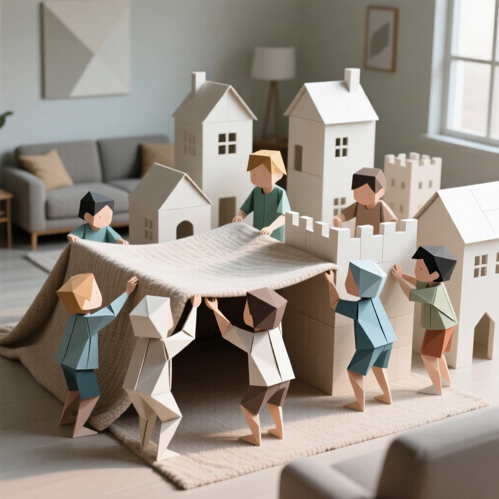 A group of children building a blanket fort city that spans an entire living room.