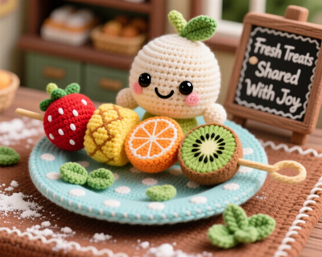 a cheerful fruit skewer character, with alternating colorful pieces, resting on a small picnic plate, displayed in a cozy village bakery counter dusted with flour, with a scattering of fresh mint leaves, radiating a cozy sense of shared treats.