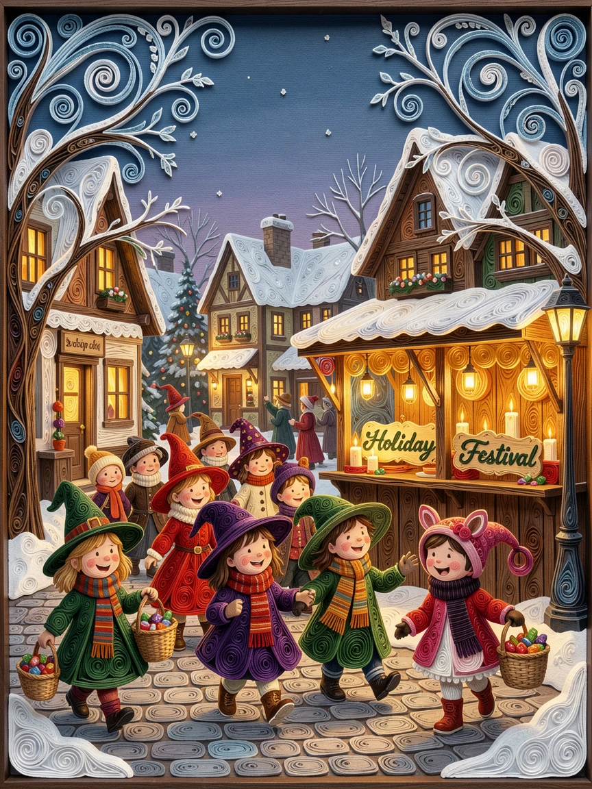 A festive holiday scene of a costume parade of children trick-or-treating at dusk in a snow-covered village square, with soft candlelight flickering throughout the scene, composed with a cozy, inviting central focal point.