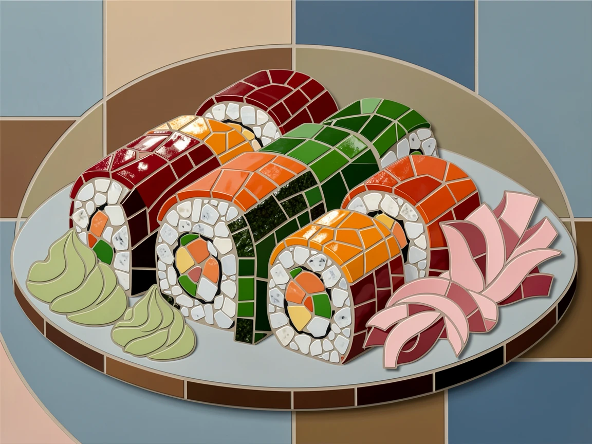 A close-up gourmet food photograph of a colorful platter of fresh sushi rolls arranged with wasabi and pickled ginger, with rich color and inviting texture.