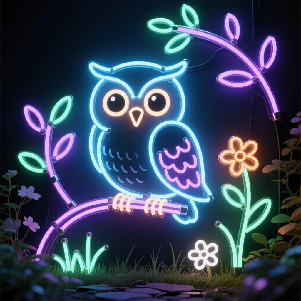 a wide-eyed baby owl in a quiet backyard garden.