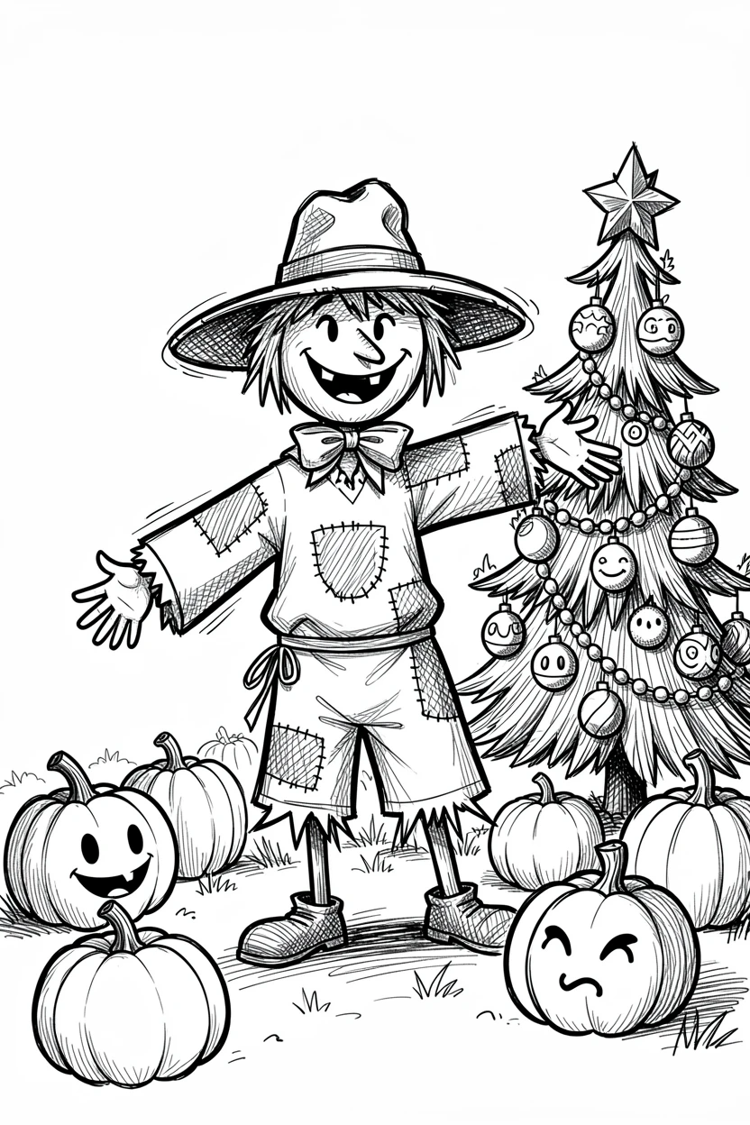 A scarecrow standing in a pumpkin patch beside a decorated evergreen tree.