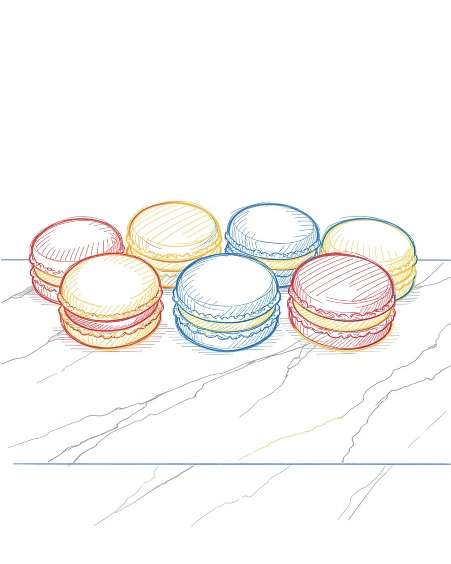 A row of macarons in pastel colors arranged on a marble countertop