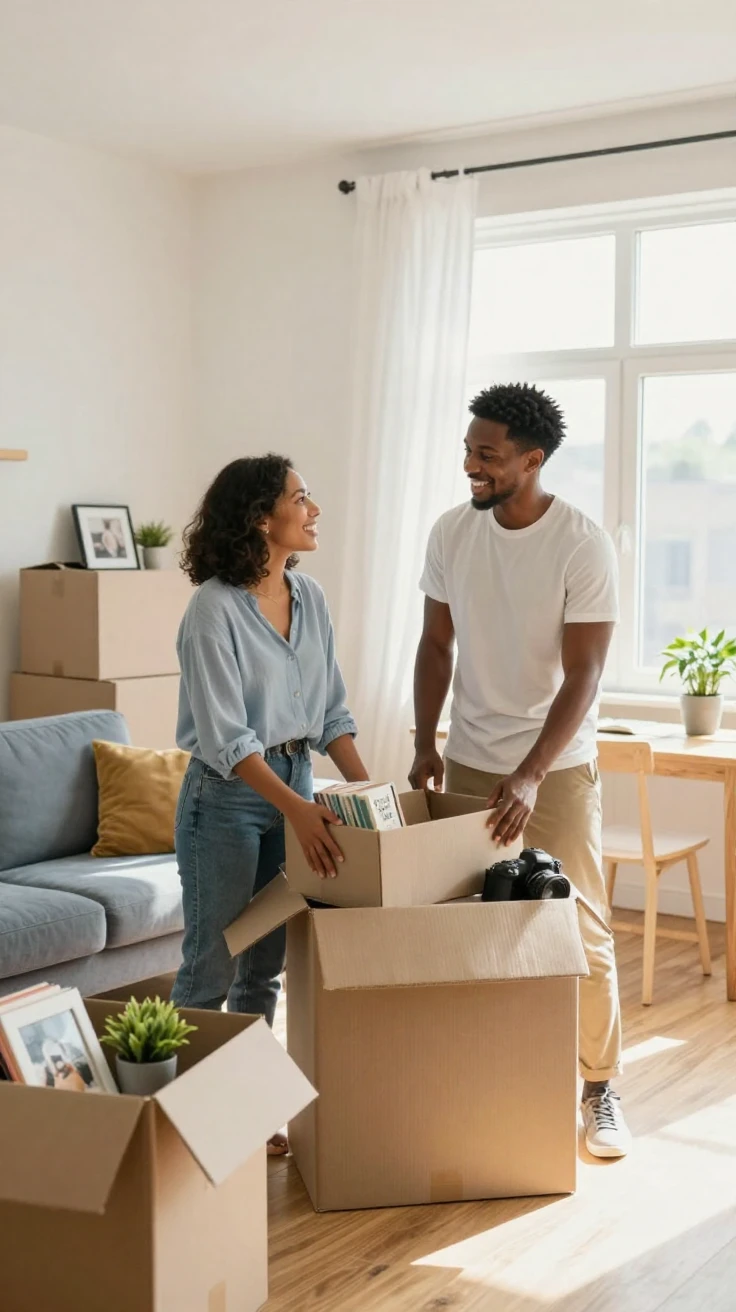 A couple unpacking boxes in their first apartment together