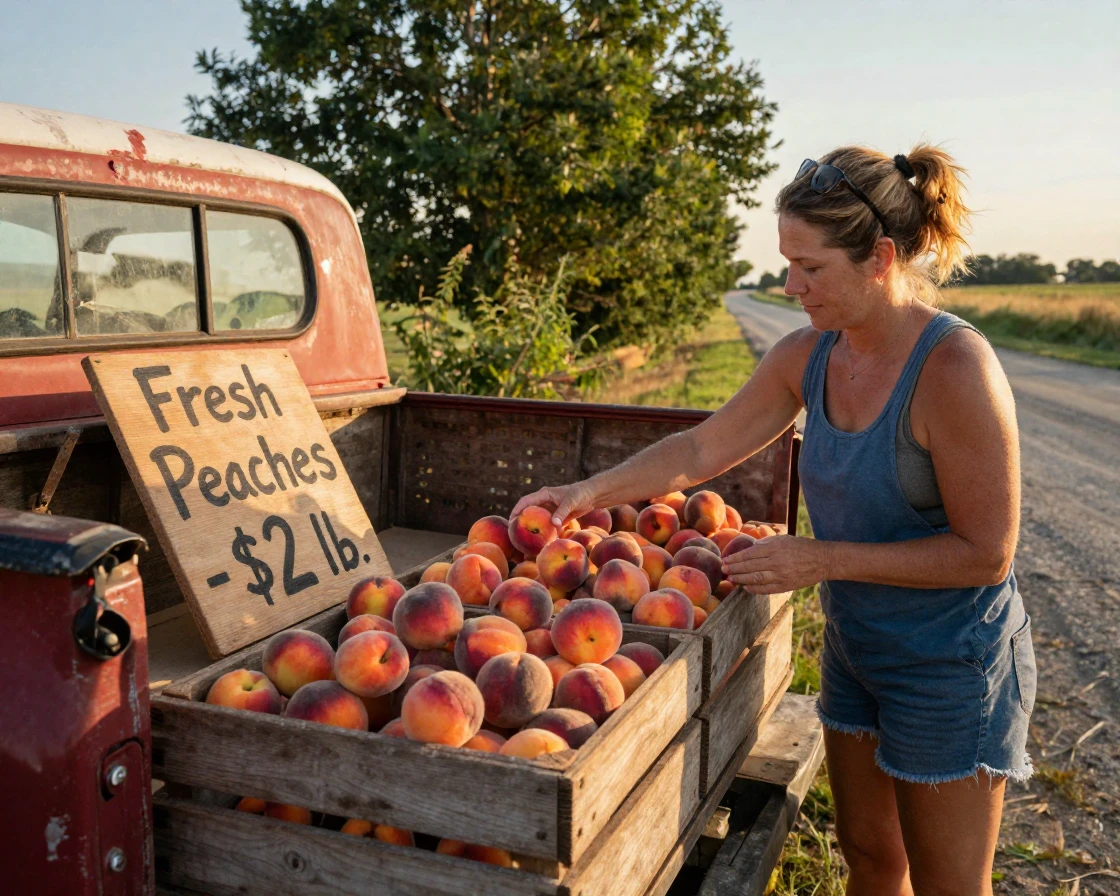 A woman selects ripe peaches from a roadside stand run out of a farm truck.