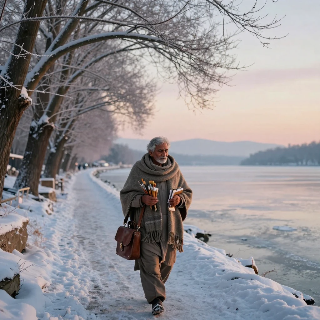 An elderly Indian artist walking home along a quiet lane beside a frozen lake in winter