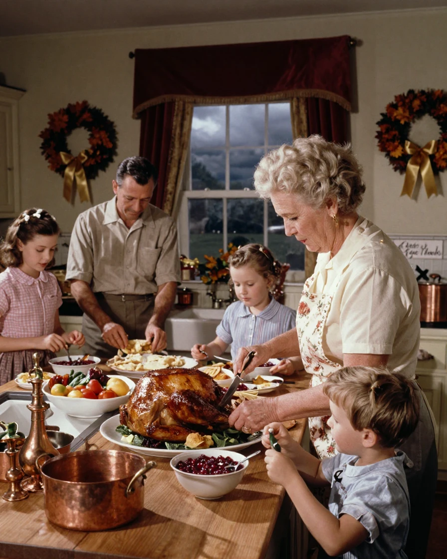 A multigenerational family preparing a holiday feast in a busy kitchen, under harsh midday sun, under a darkening storm sky, as summer fades into fall, with rich burgundy and gold accents, over the shoulder of the main subject.