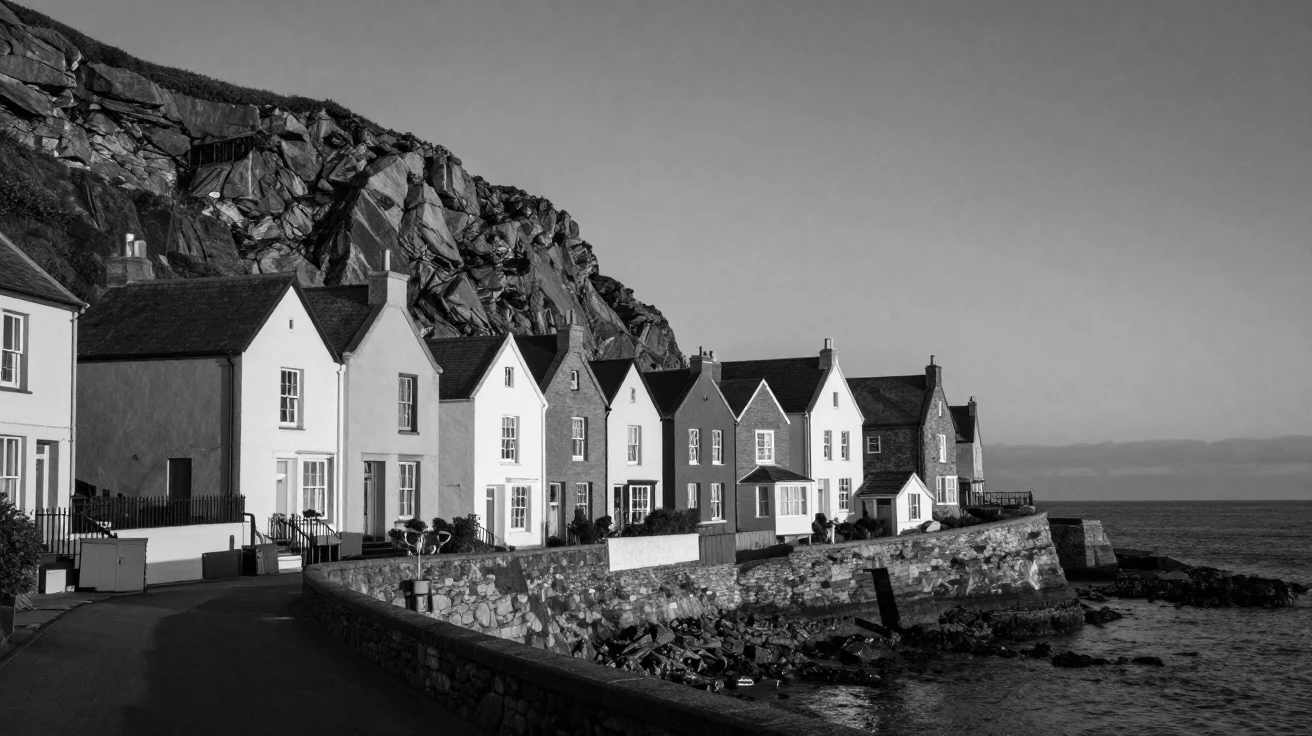 A row of colorful houses lines a quiet seaside promenade on a rugged coastal hillside.