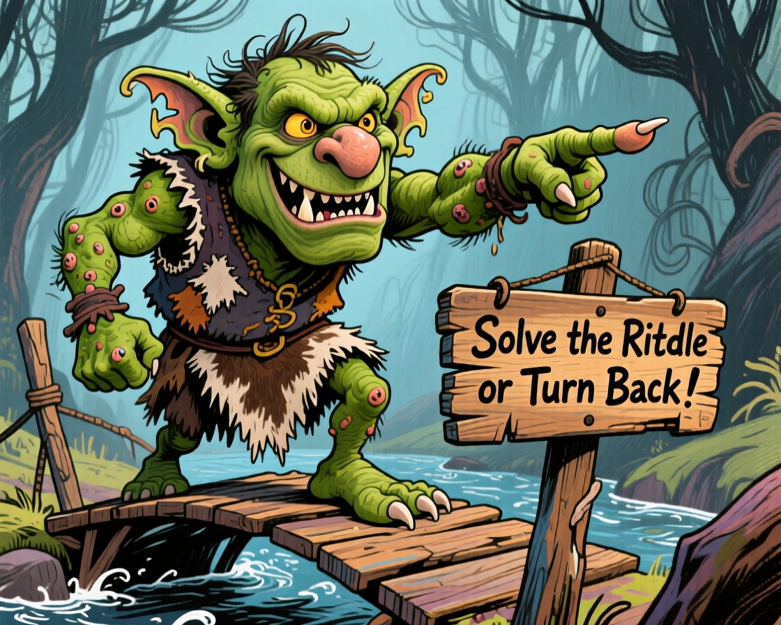 A troll bridge-keeper demanding a riddle be solved before letting travelers pass.