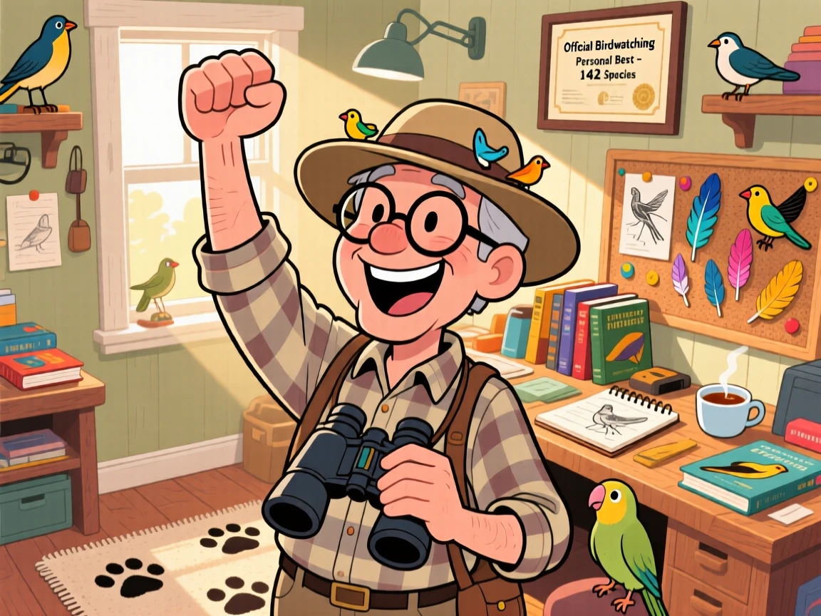 An everyday-life snapshot of a devoted birdwatcher, celebrating a personal best with a fist pump, in a cozy sunlit workshop.