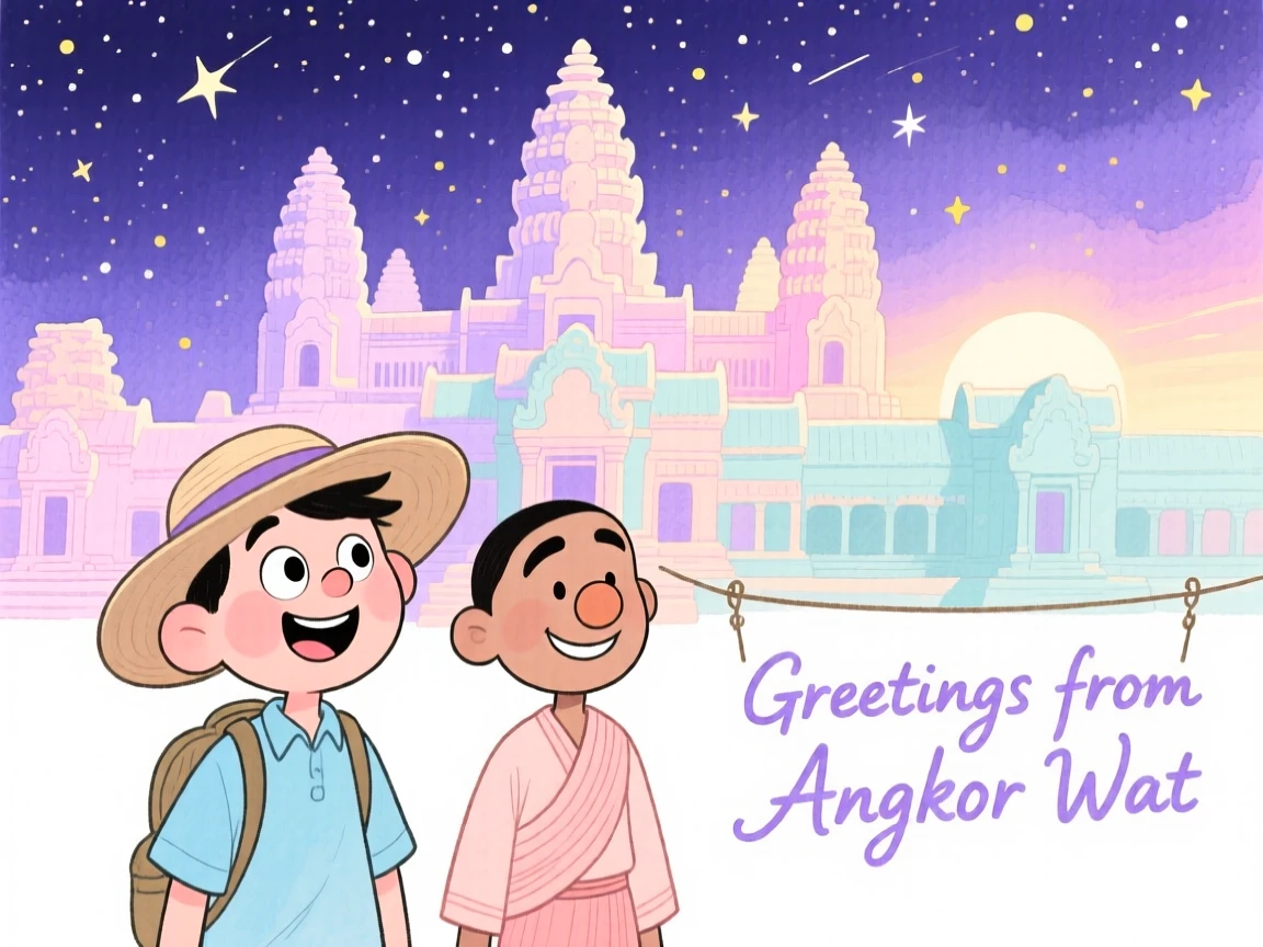 A dreamy travel postcard scene of the temples of Angkor Wat at dawn under a starry night sky