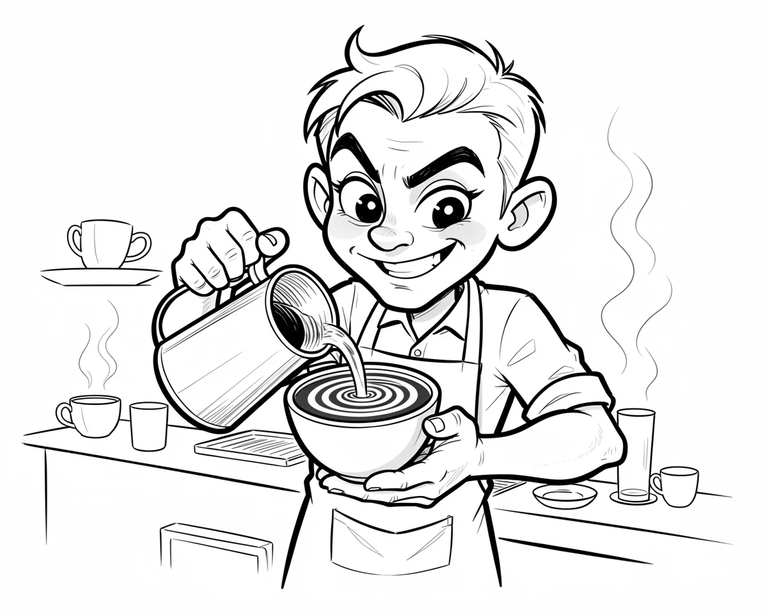 [Trending & Universal Topics] Modern lifestyle scene of a barista crafting an elaborate swirl of latte art, capturing everyday joy