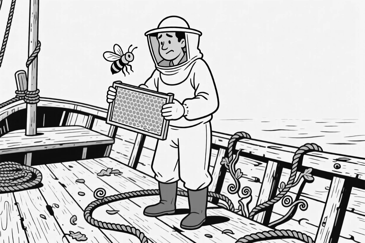 A beekeeper gently cradling a frame dripping with honey, losing count for the third time in a row, set on a weathered fishing boat deck. Vines with curling tendrils spread across the ground. It captures the quiet wonder of the changing seasons.
