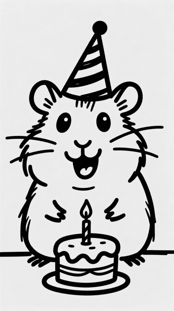 A guinea pig wearing a party hat at its own birthday party with a tiny cake.