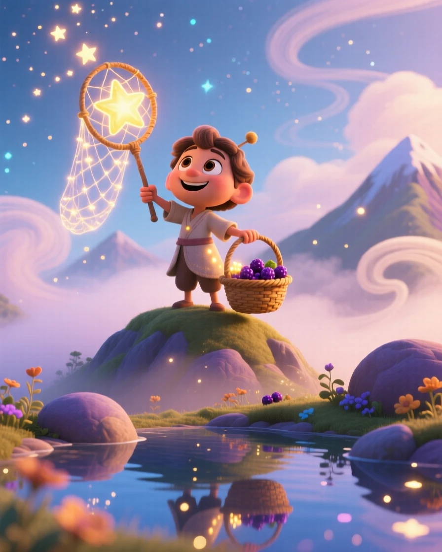 A star-catcher with a glowing net stands atop a mountain wrapped in swirling mist, gathering glowing berries into a basket. A gentle sense of wonder radiates through the air, with stars reflected in a nearby pool of water.