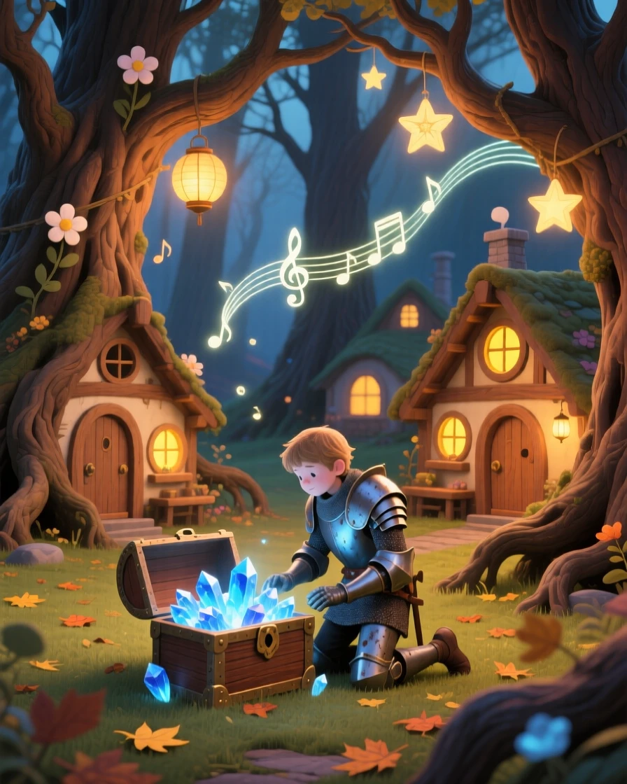 In a village of tiny cottages built into tree roots, a wandering knight discovers a moment of wonder while guarding a treasure of glowing crystals, while gentle music seems to hum from the trees.