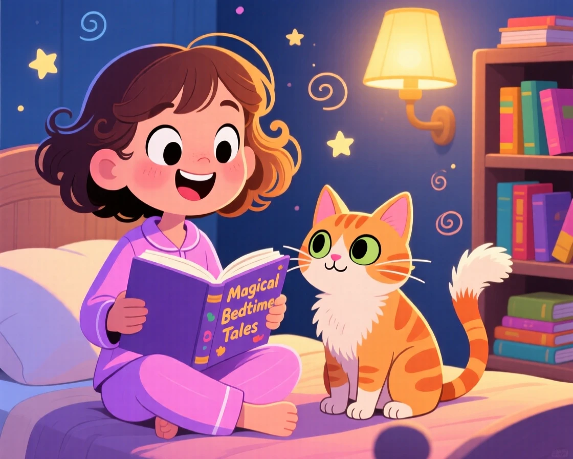 A girl reading a bedtime story aloud to her attentive cat.
