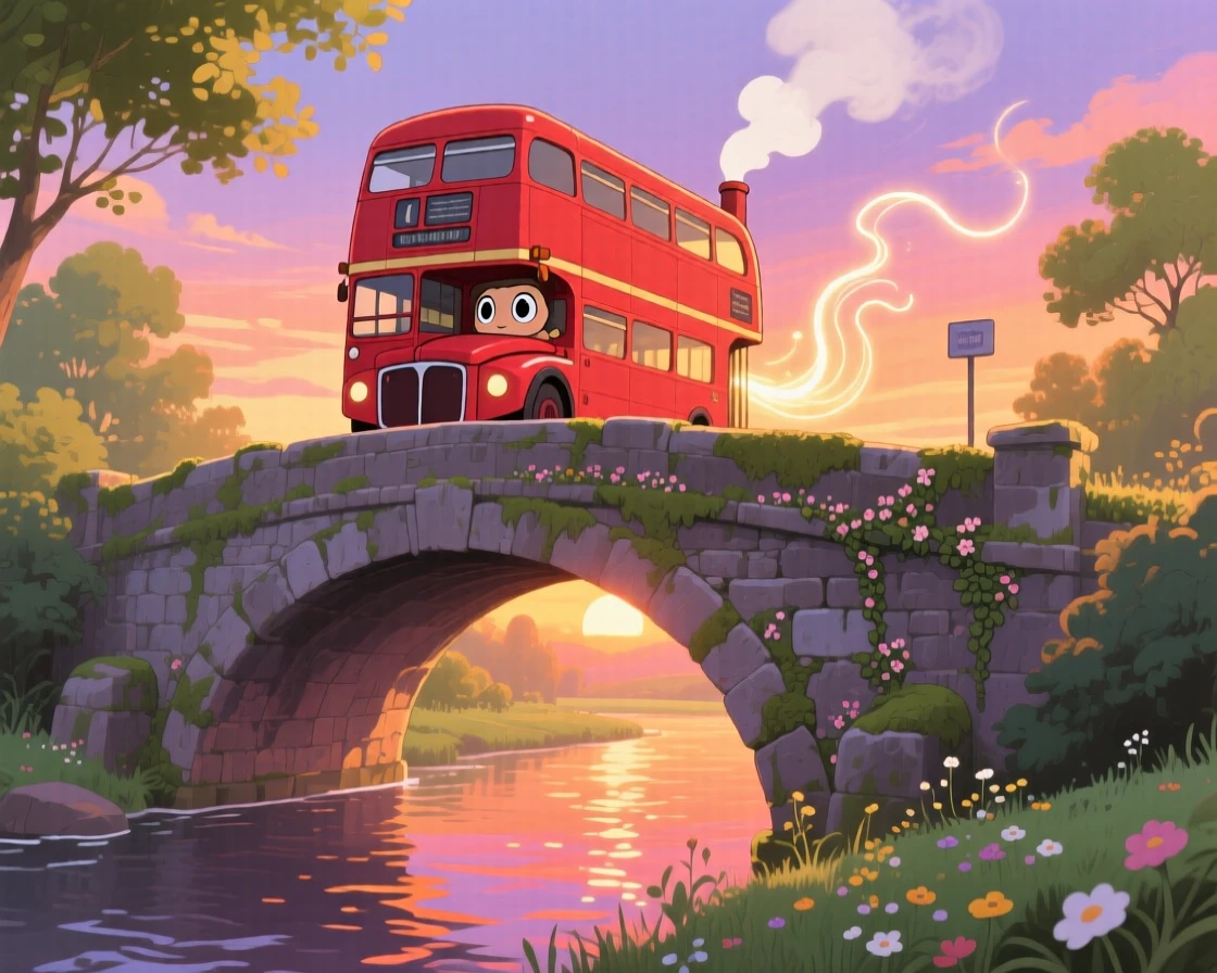 A charming scene of a red double-decker bus crossing a bridge at sunset, with steam and light trailing behind it.