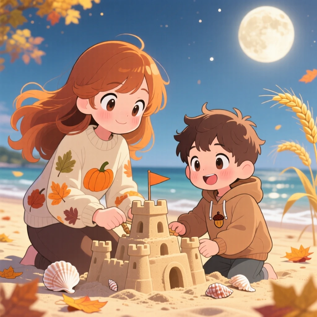 In a sunny beach, a big sister and little brother are building a sandcastle together during golden autumn harvest season, bathed in soft moonlight, expression full of wide-eyed wonder. Shot as a waist-up portrait.