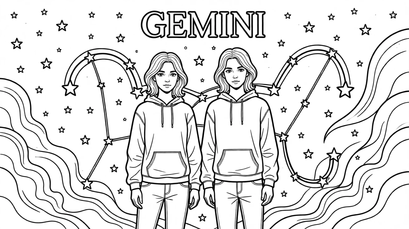 A zodiac constellation illustration of Gemini the twins, formed from connected stars against a night sky filled with smaller stars and swirling nebula clouds.