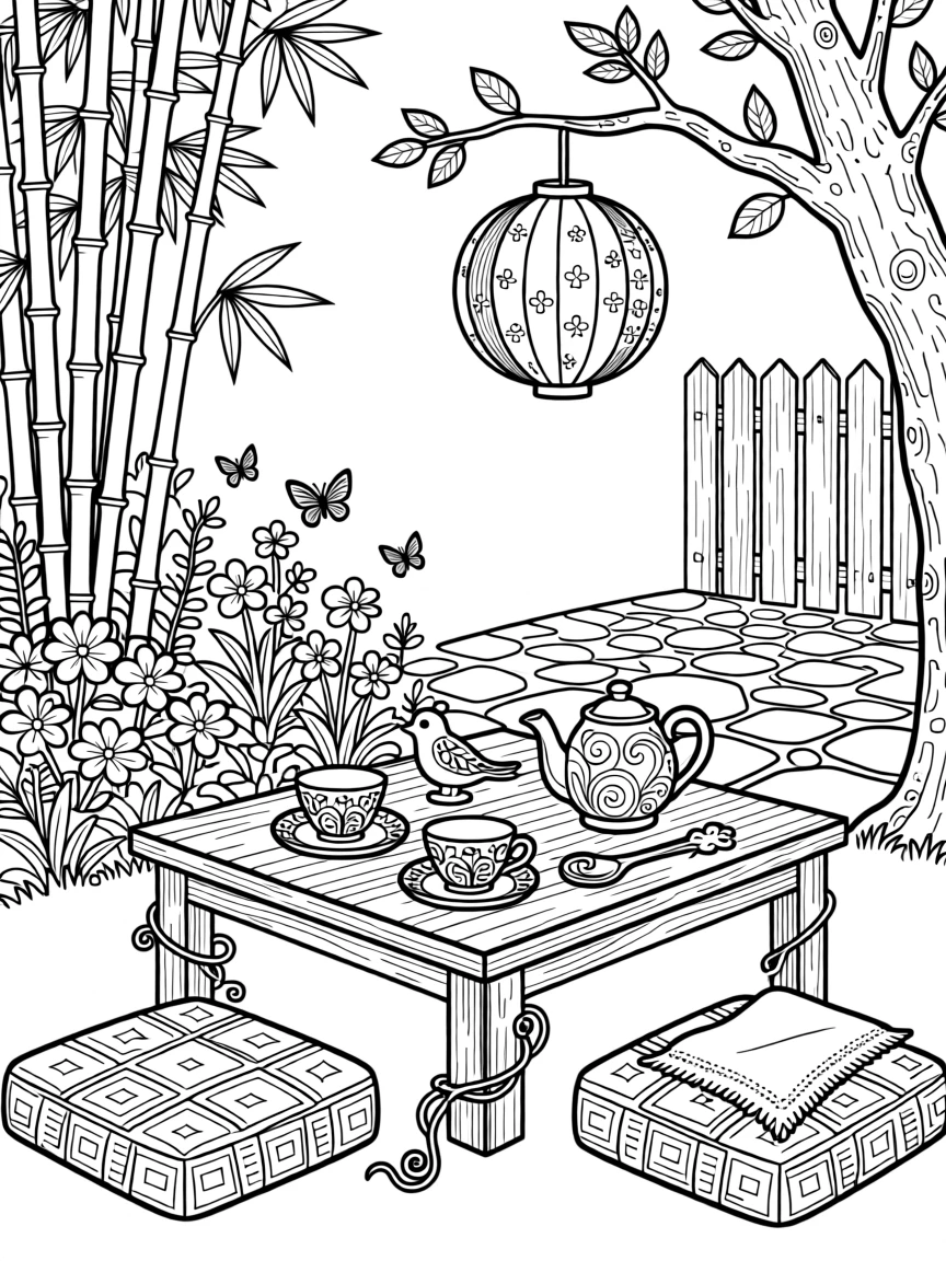 A cozy tea garden with a low table set for two beneath a paper lantern.