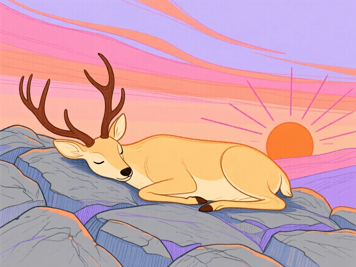 A gentle deer napping on a rocky hillside at sunset.