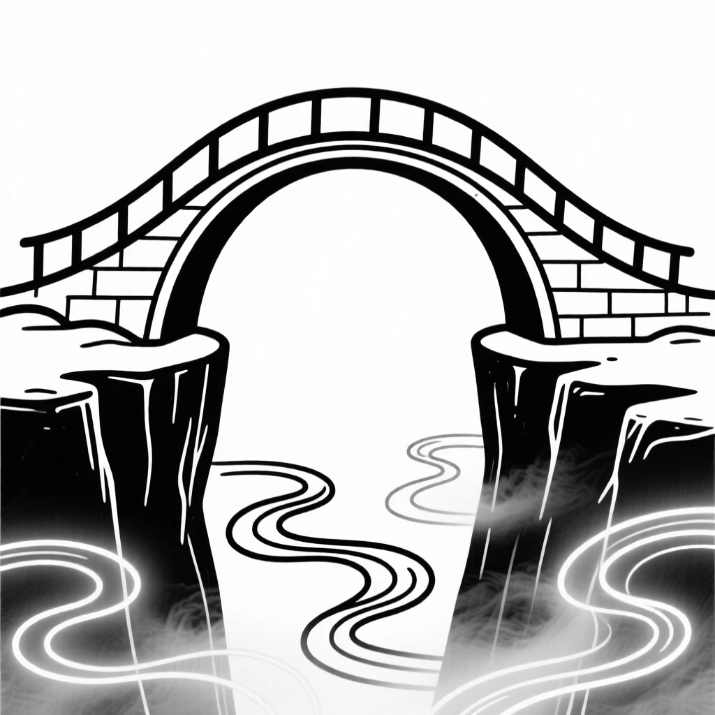 A fairy tale bridge arching over a chasm filled with glowing mist.