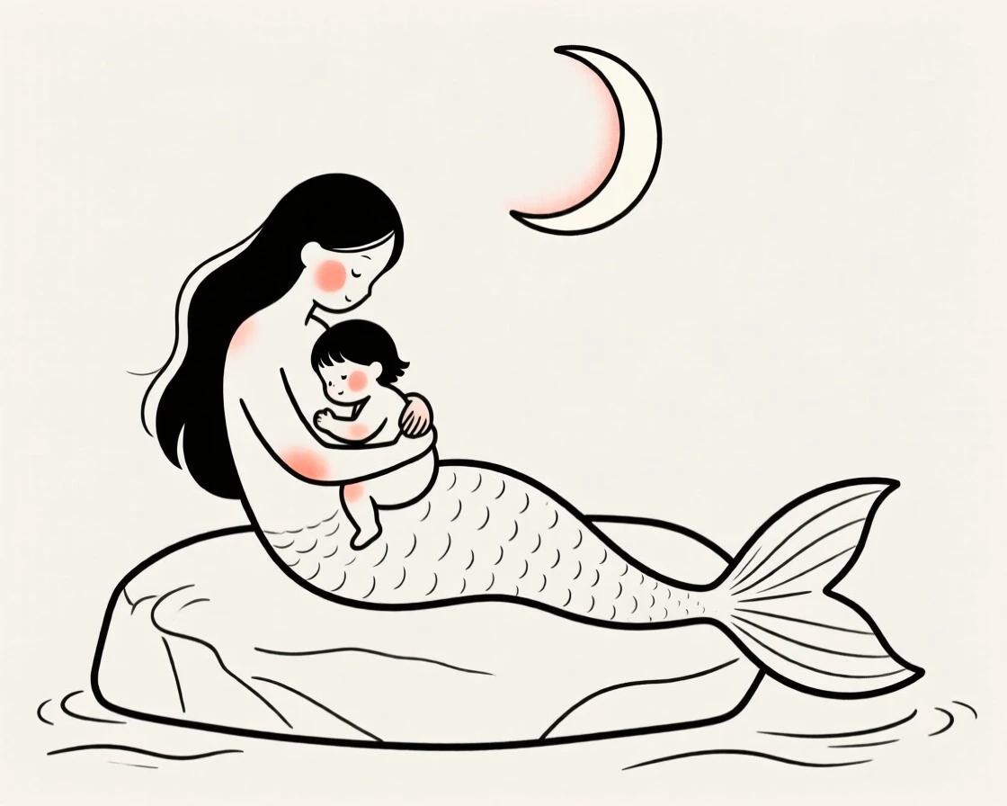 A mermaid resting on a moonlit rock, sharing a tender embrace.