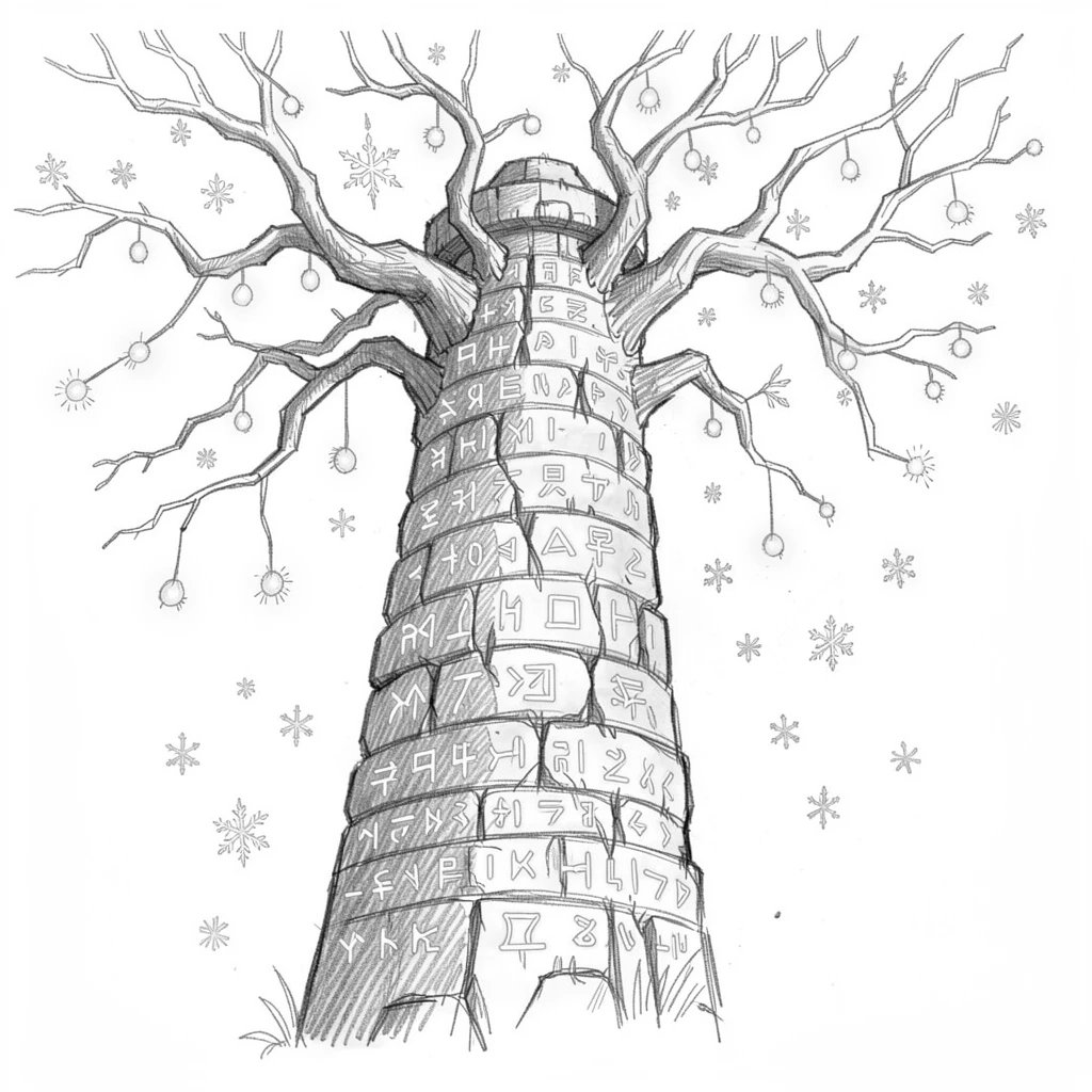 A magical, imaginative vision of a tower wrapped in glowing runes beneath branches strung with fireflies, with glowing spores floating like snow.