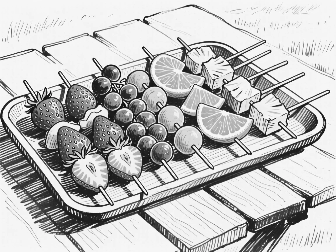 A tray of colorful fruit skewers arranged for a summer gathering.