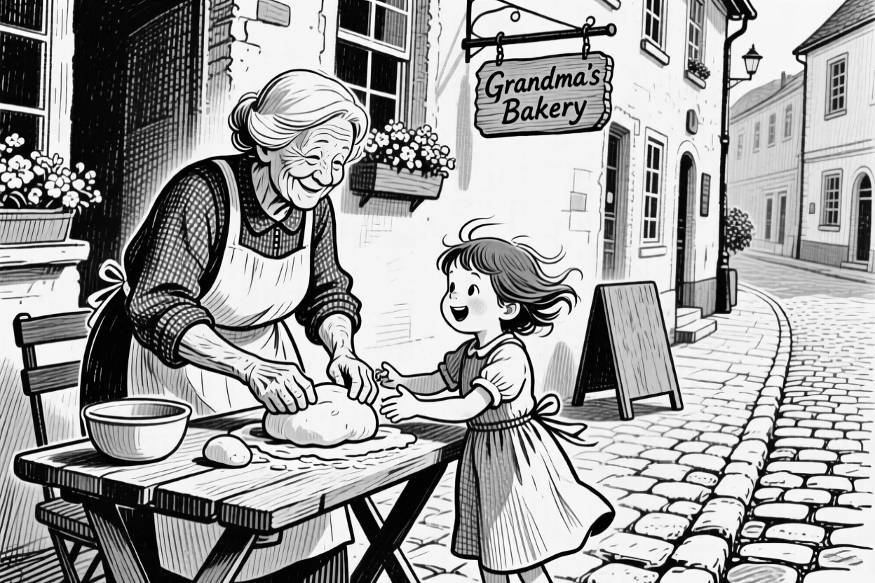 A grandmother baking with her grandchild along a quiet cobblestone street, with a gentle breeze moving through their hair, creating a lighthearted and playful lifestyle scene.