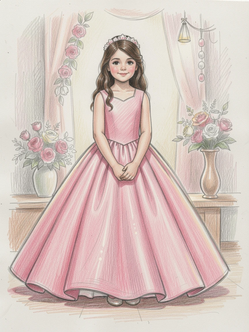 A quinceanera celebration with a girl in a flowing pink gown, framed thoughtfully to draw the eye toward the central subject, evoking nostalgia and a deep sense of contentment.