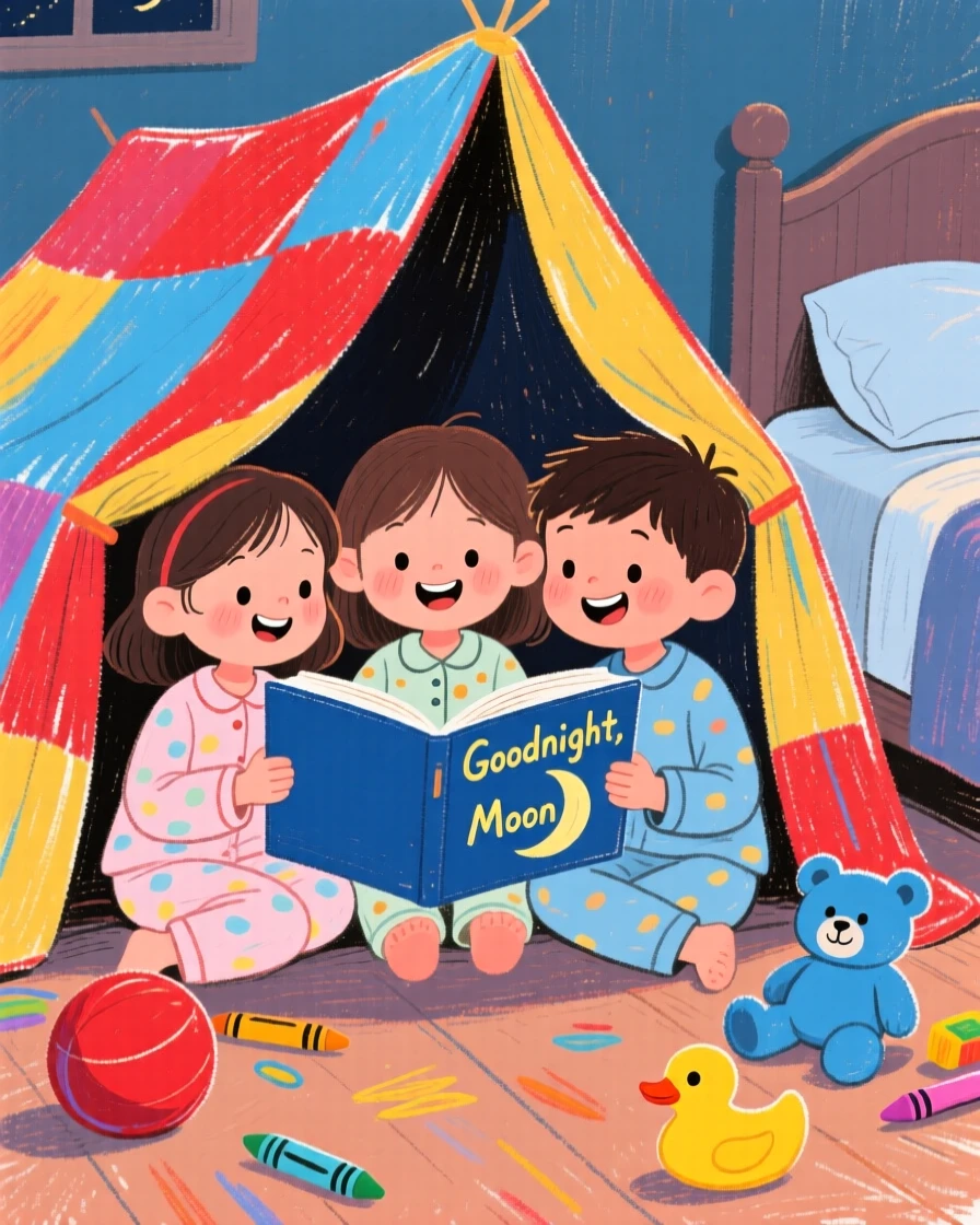 A group of young siblings reading a bedtime story under a blanket fort.