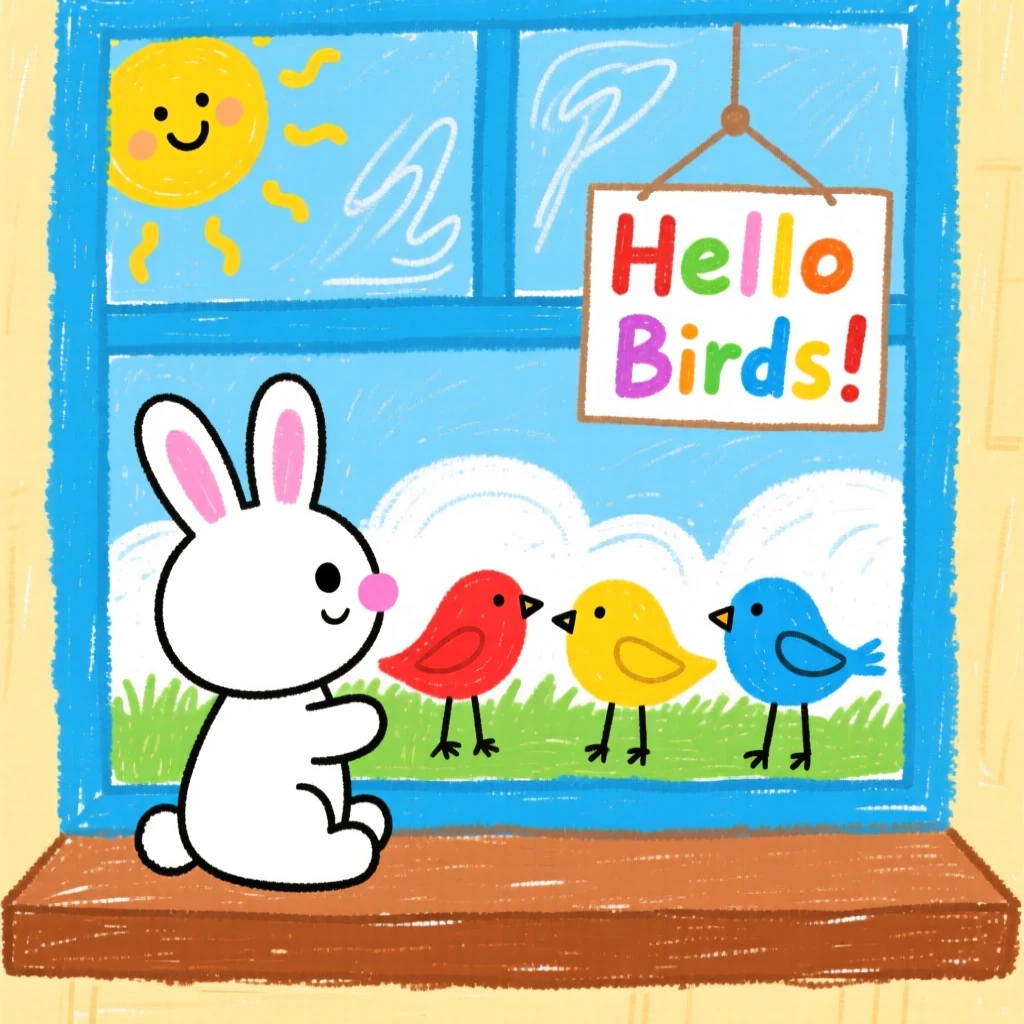 A small white rabbit watching birds from a windowsill.
