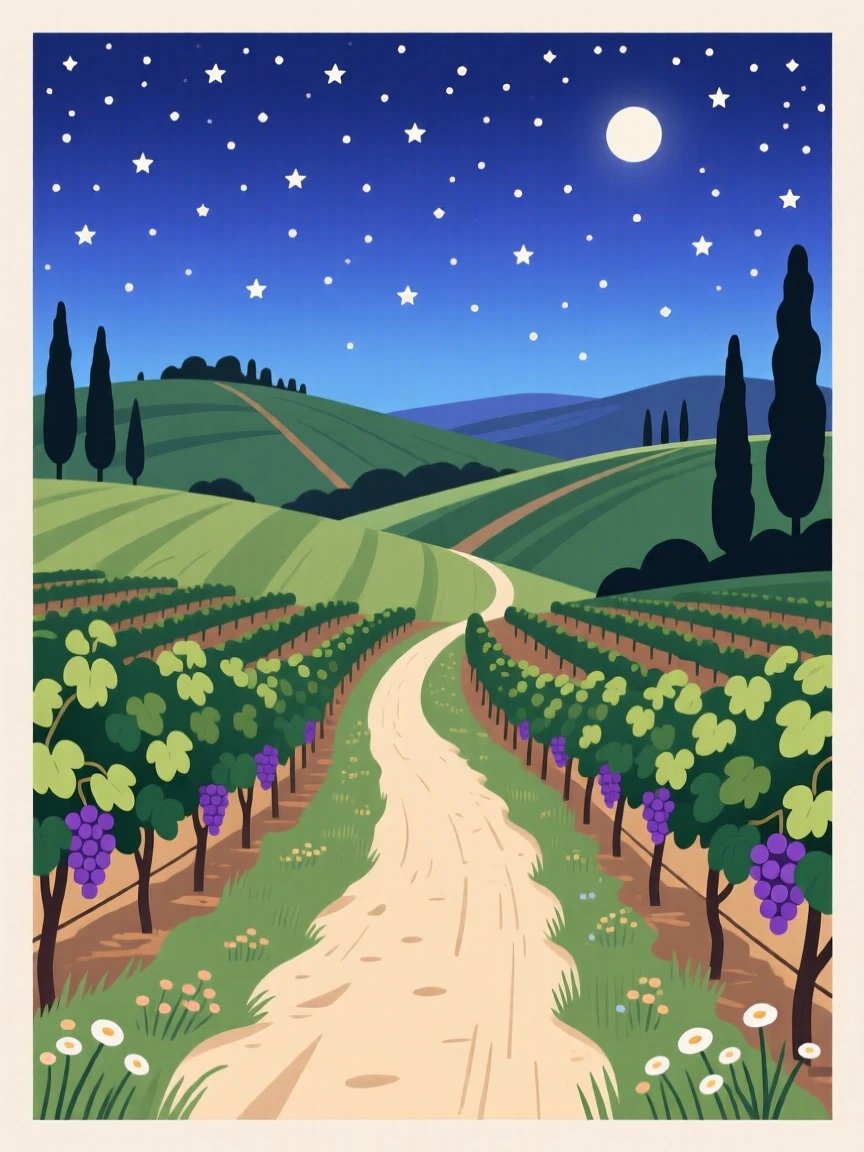 A scenic vineyard trail winding through rolling hills, under a starlit evening sky, framed with a sweeping wide-angle perspective, with a nostalgic, postcard-like charm.