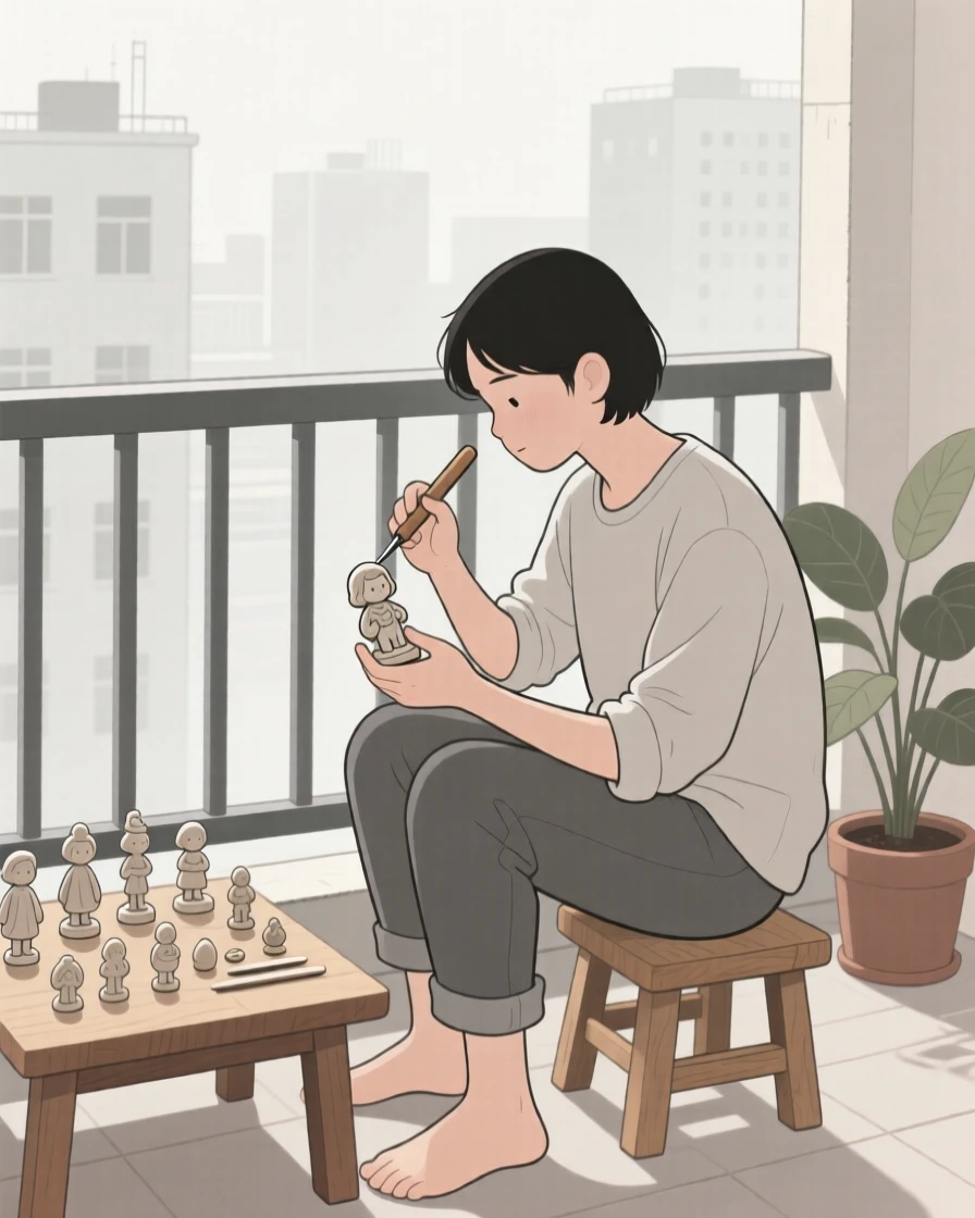A person carving small figurines in a small balcony.