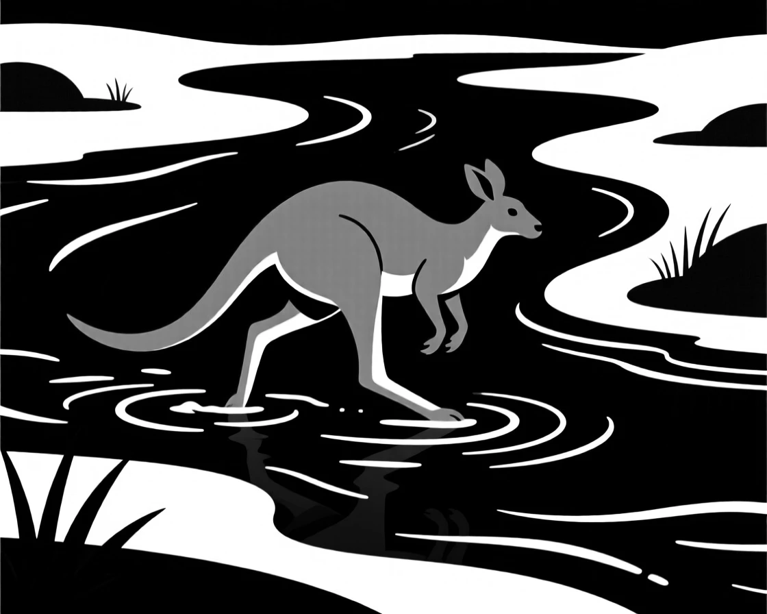 A red kangaroo crossing a shallow river.