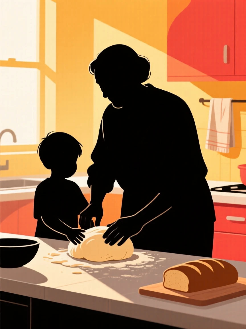A grandparent teaching a grandchild to bake bread in a warm kitchen.
