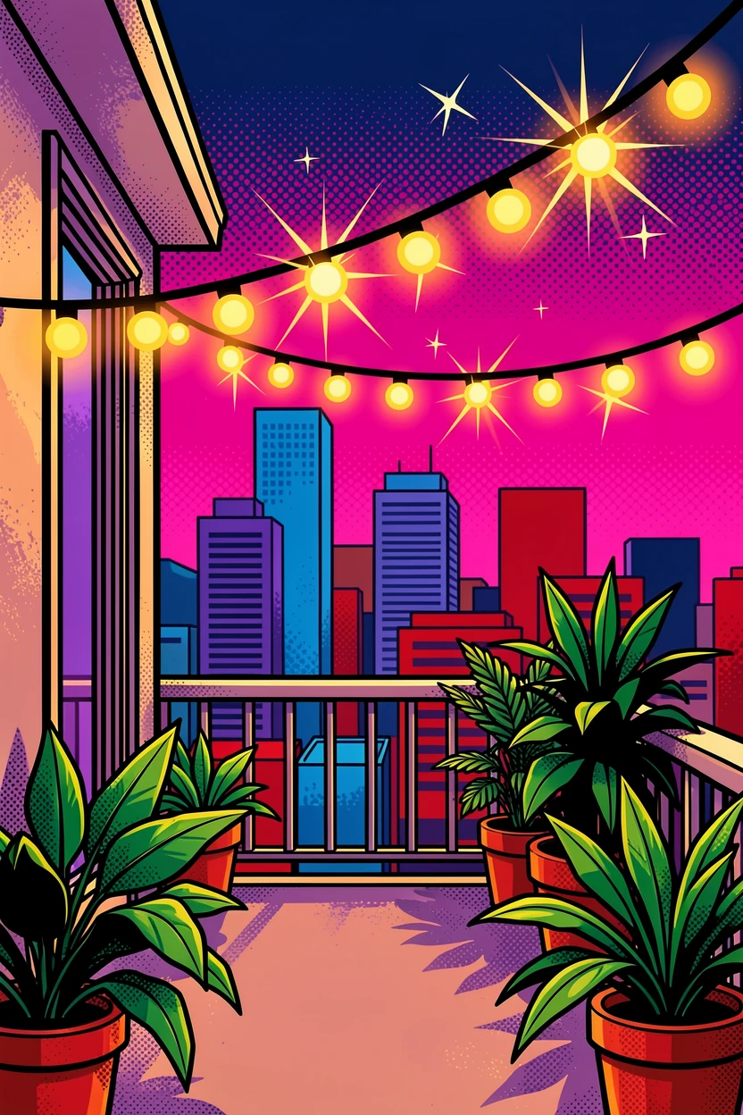 A cozy apartment balcony strung with fairy lights overlooking a city