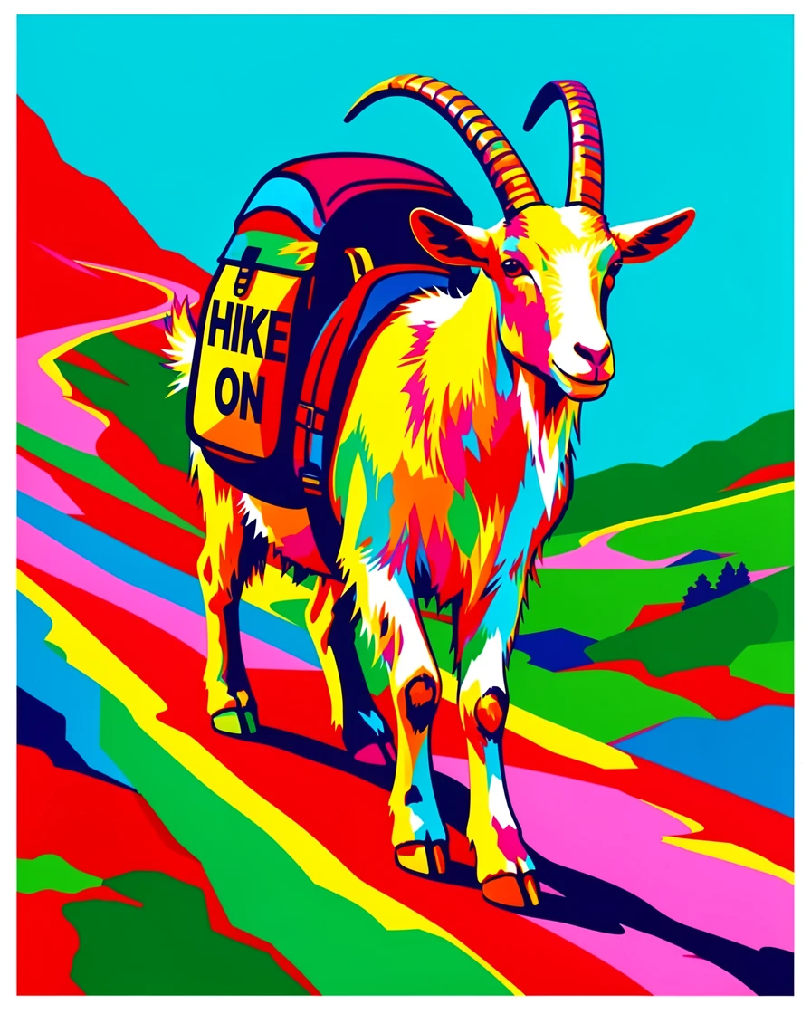 Goat wearing a backpack hiking up a trail