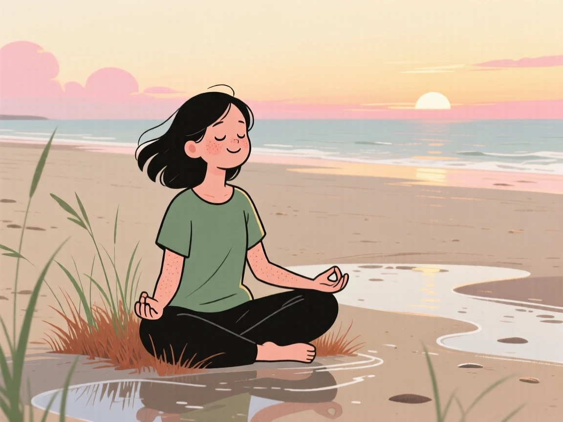 A young woman practices quiet meditation on a quiet beach at low tide at sunrise, breathing slowly as rustling grass surrounds them.